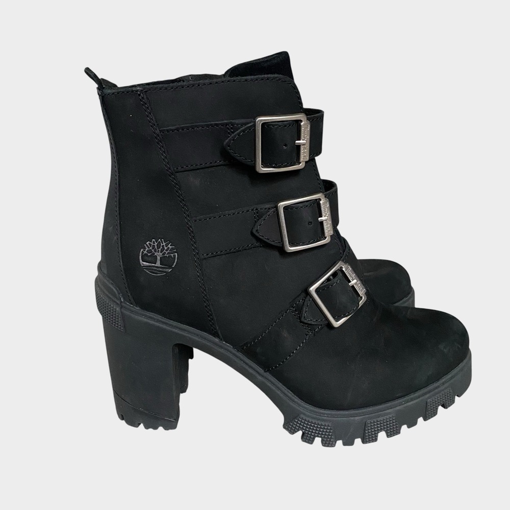 Timberland Women Heel Moto Boots Size 9 EU 40 Black Leather Lug Sole Buckles